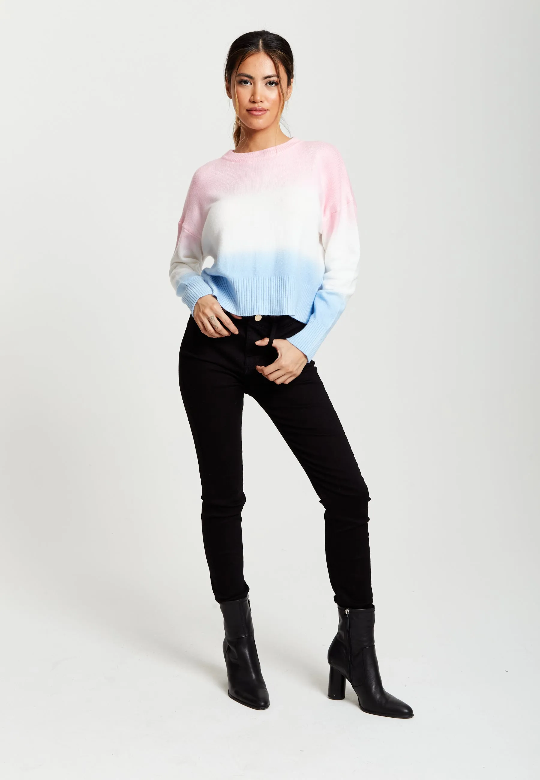 Liquorish Ombre Pattern Jumper In Pink, White And Blue