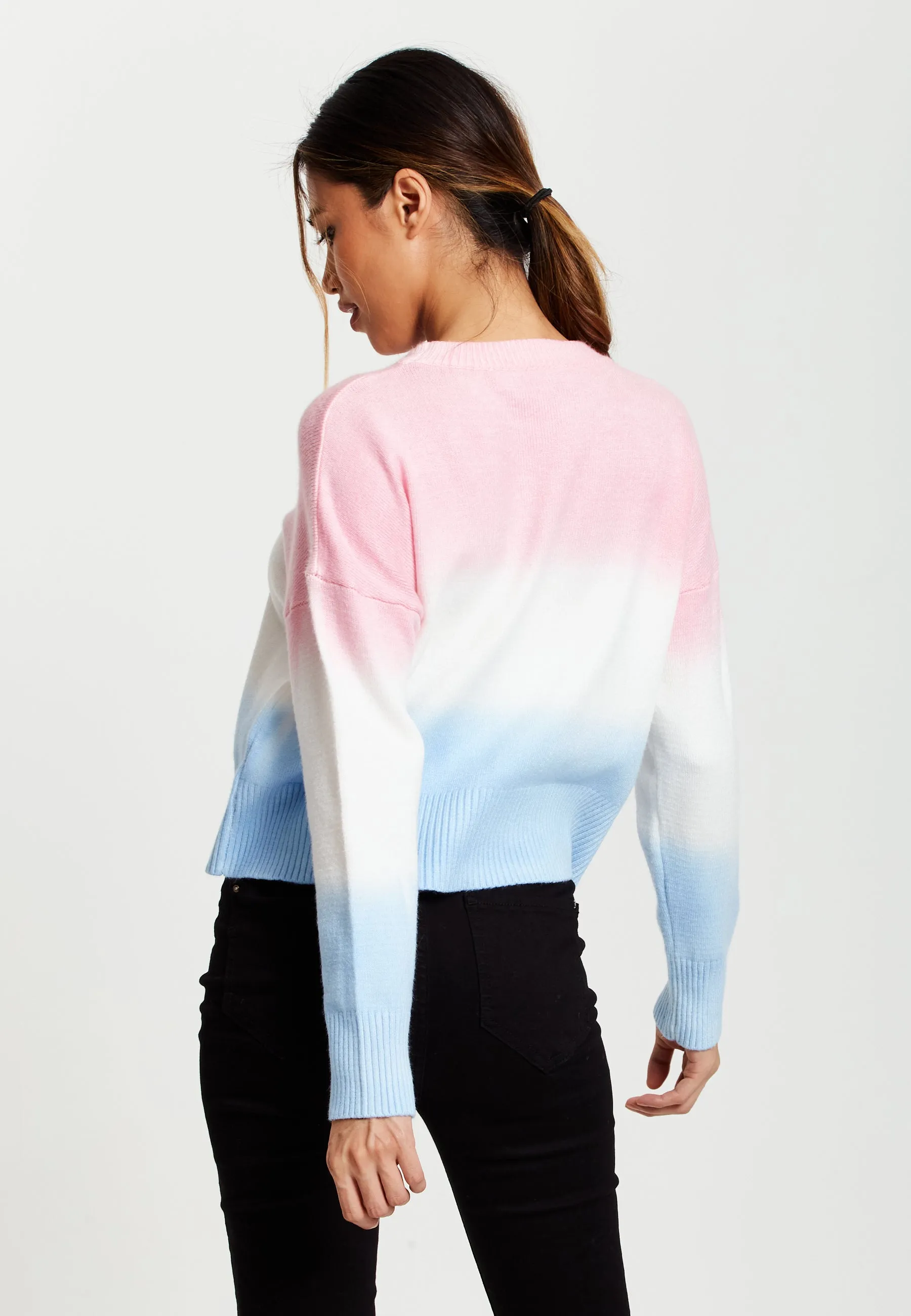 Liquorish Ombre Pattern Jumper In Pink, White And Blue