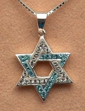 Magen David Star Of David Pendant Blue & Crystal Gemstone Sterling Silver 925