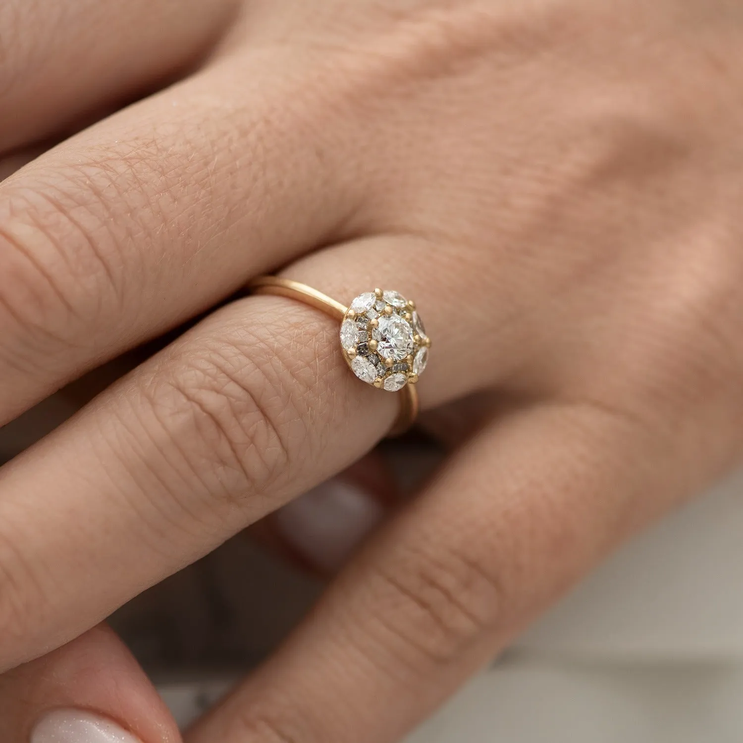 Mandala Engagement Ring with White and Grey Diamonds