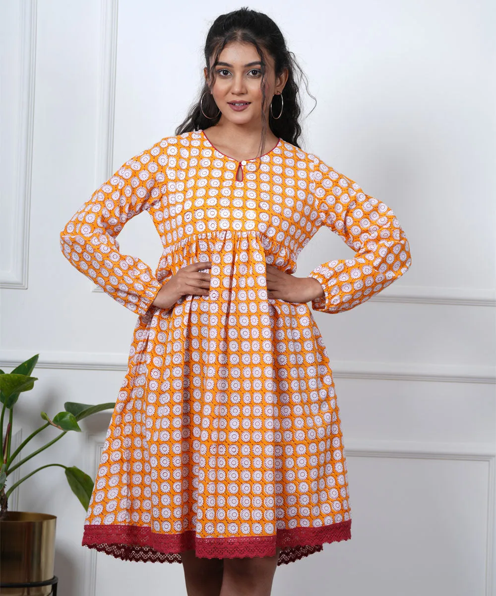 Orange symmetrical handblock printed cotton dress