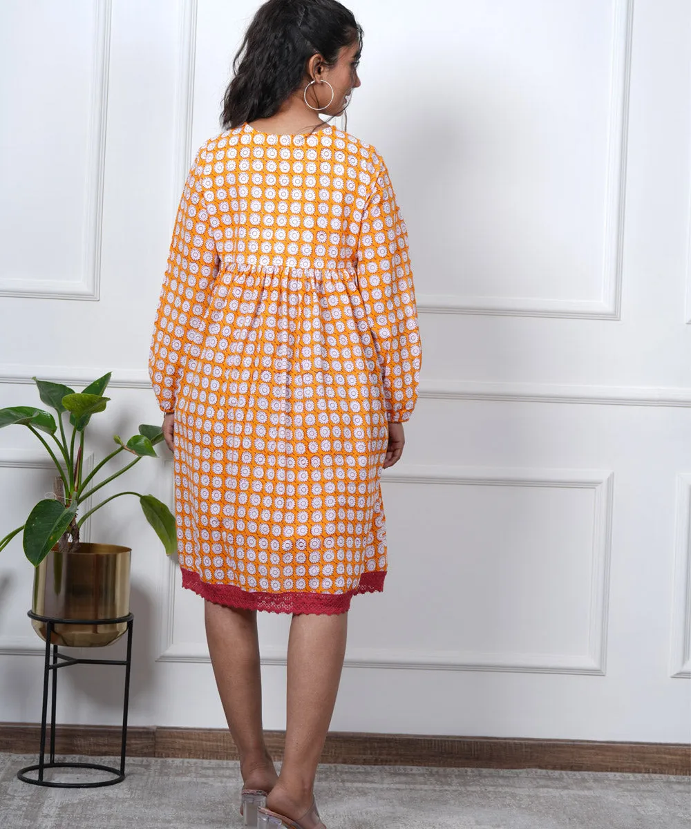 Orange symmetrical handblock printed cotton dress