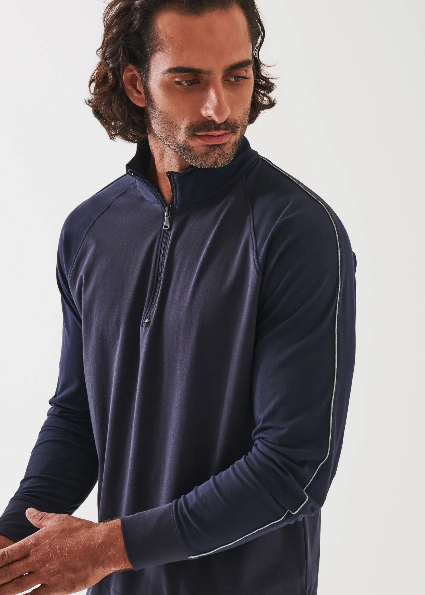 PIMA COTTON STRETCH PIPED ZIP MOCK