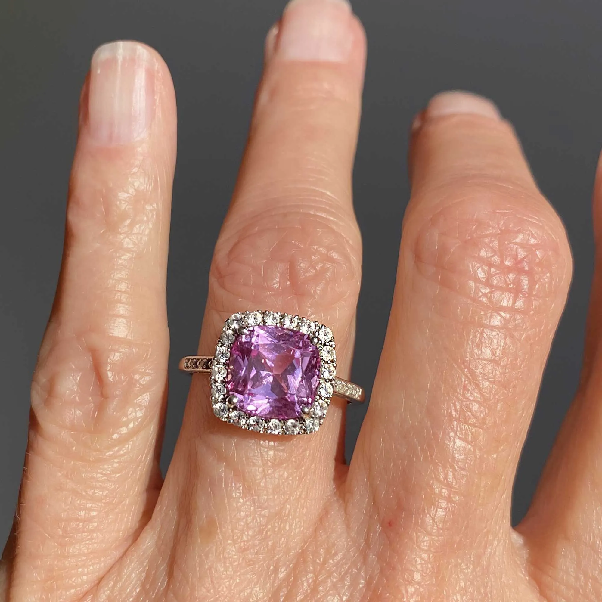 Pink Topaz Sapphire Halo Ring in 10K White Gold