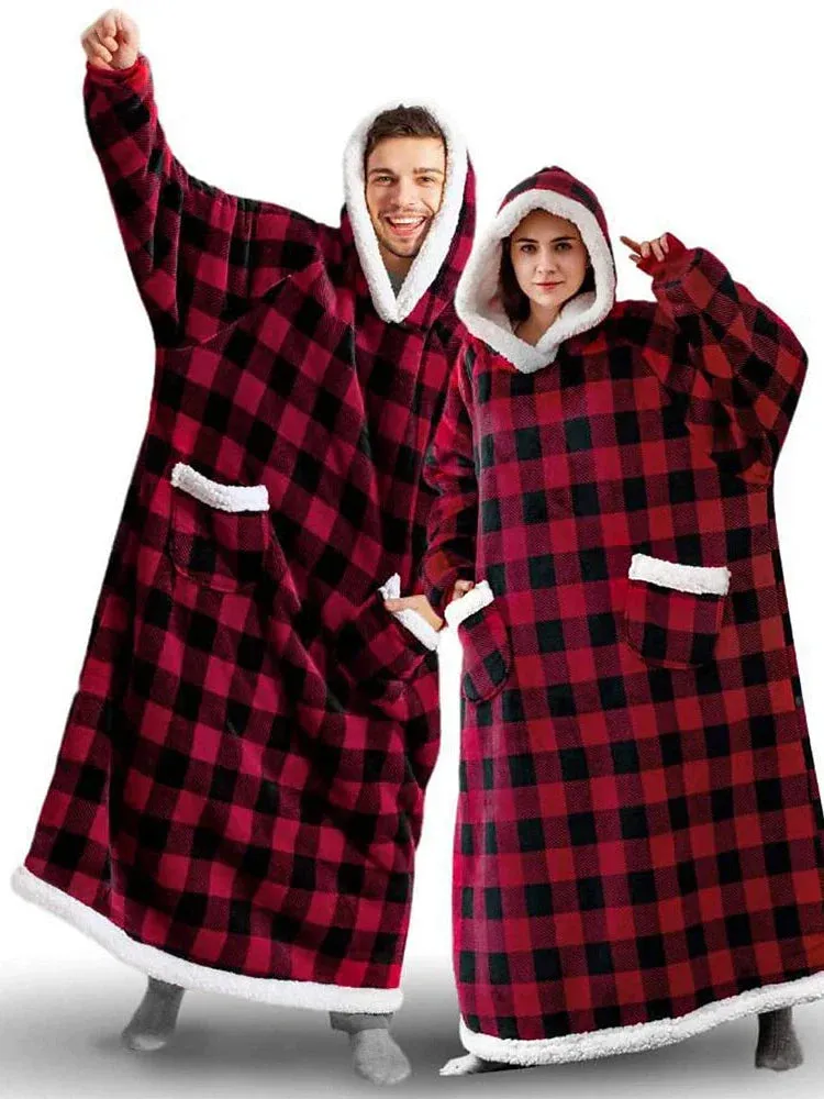 Pink Women's Cozy Grid/Plaid Pattern Blanket Hoodie Pajama Loungewear