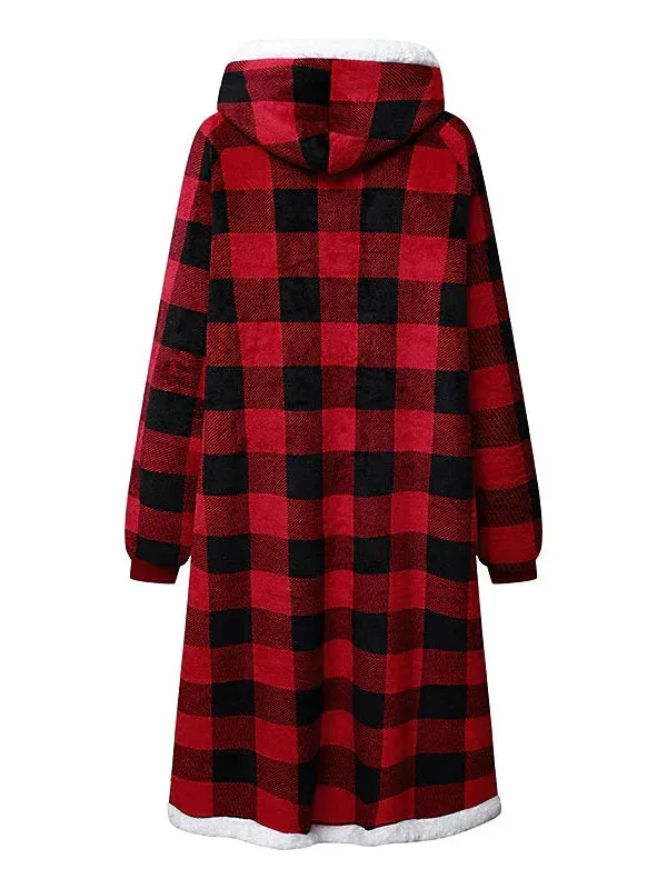 Pink Women's Cozy Grid/Plaid Pattern Blanket Hoodie Pajama Loungewear