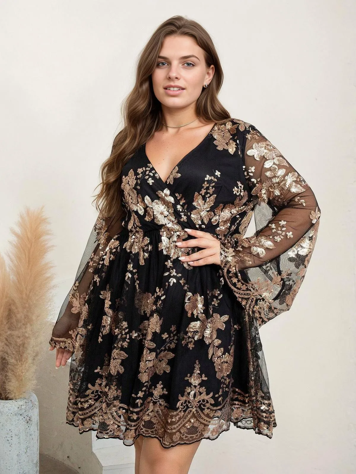 [Plus Size] Black 1960s Christmas V-Neck Embroidered Bronzing Dress