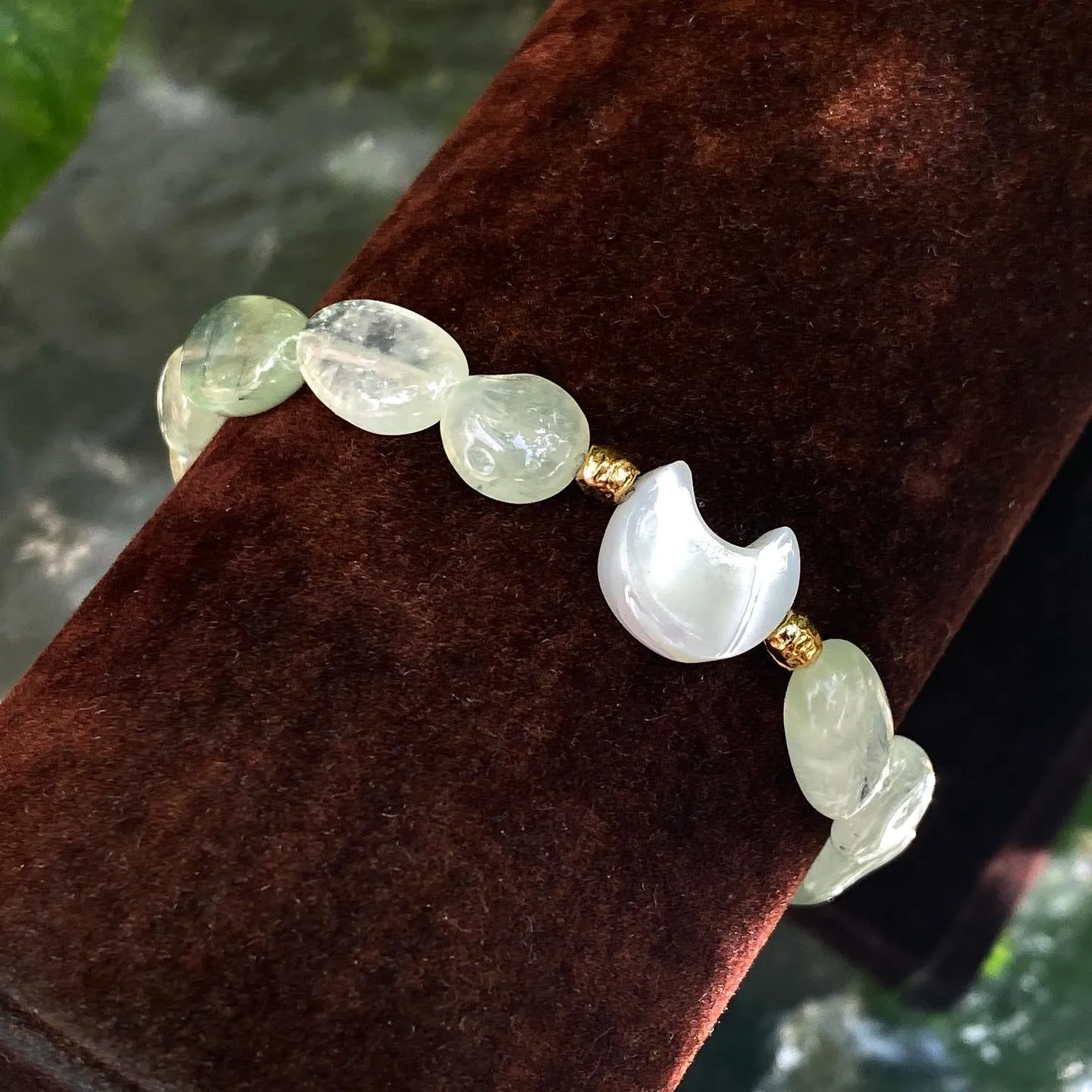 Prehnite gemstone and Mother and Pearl Star and Moon Bracelet