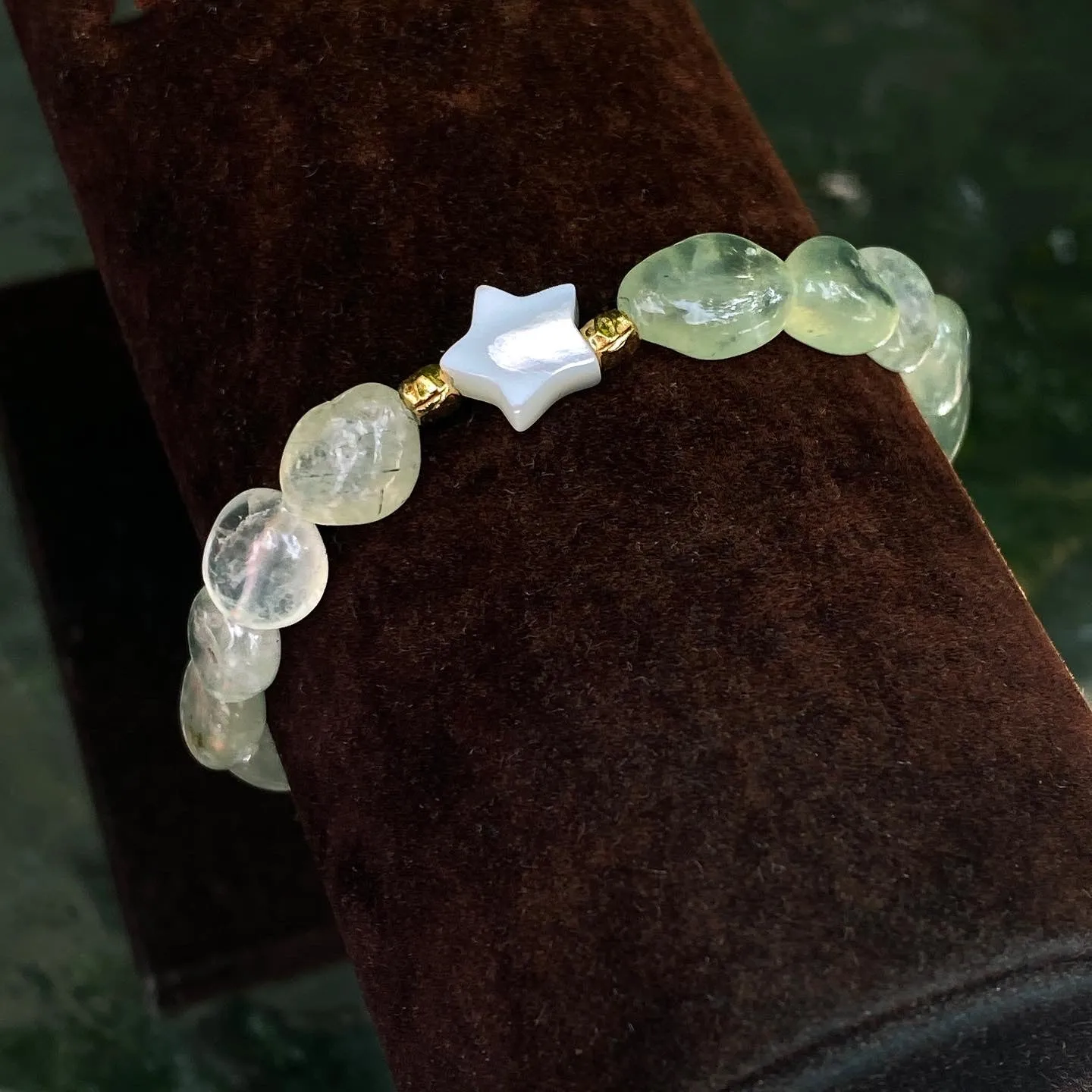 Prehnite gemstone and Mother and Pearl Star and Moon Bracelet