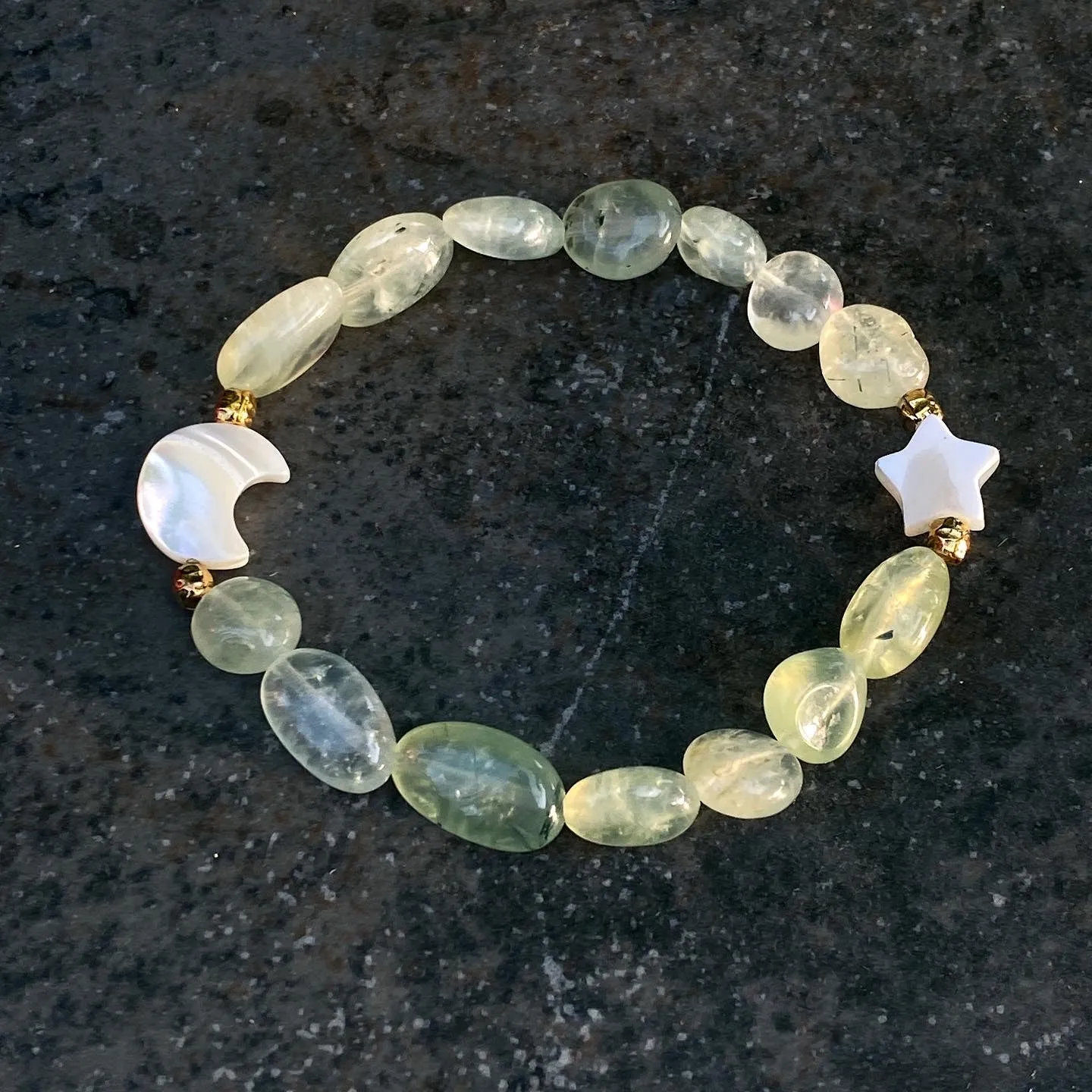 Prehnite gemstone and Mother and Pearl Star and Moon Bracelet