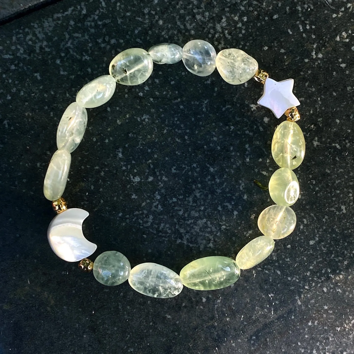 Prehnite gemstone and Mother and Pearl Star and Moon Bracelet