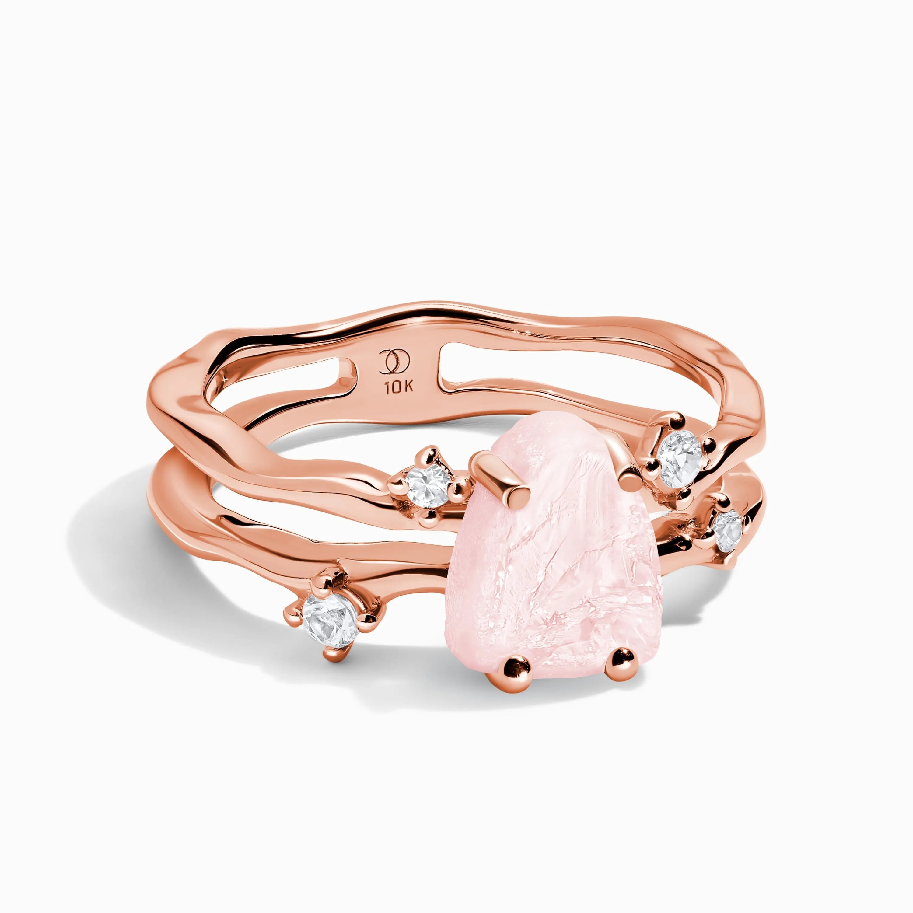 Raw Crystal Solid Gold Ring - Flow Rose Quartz