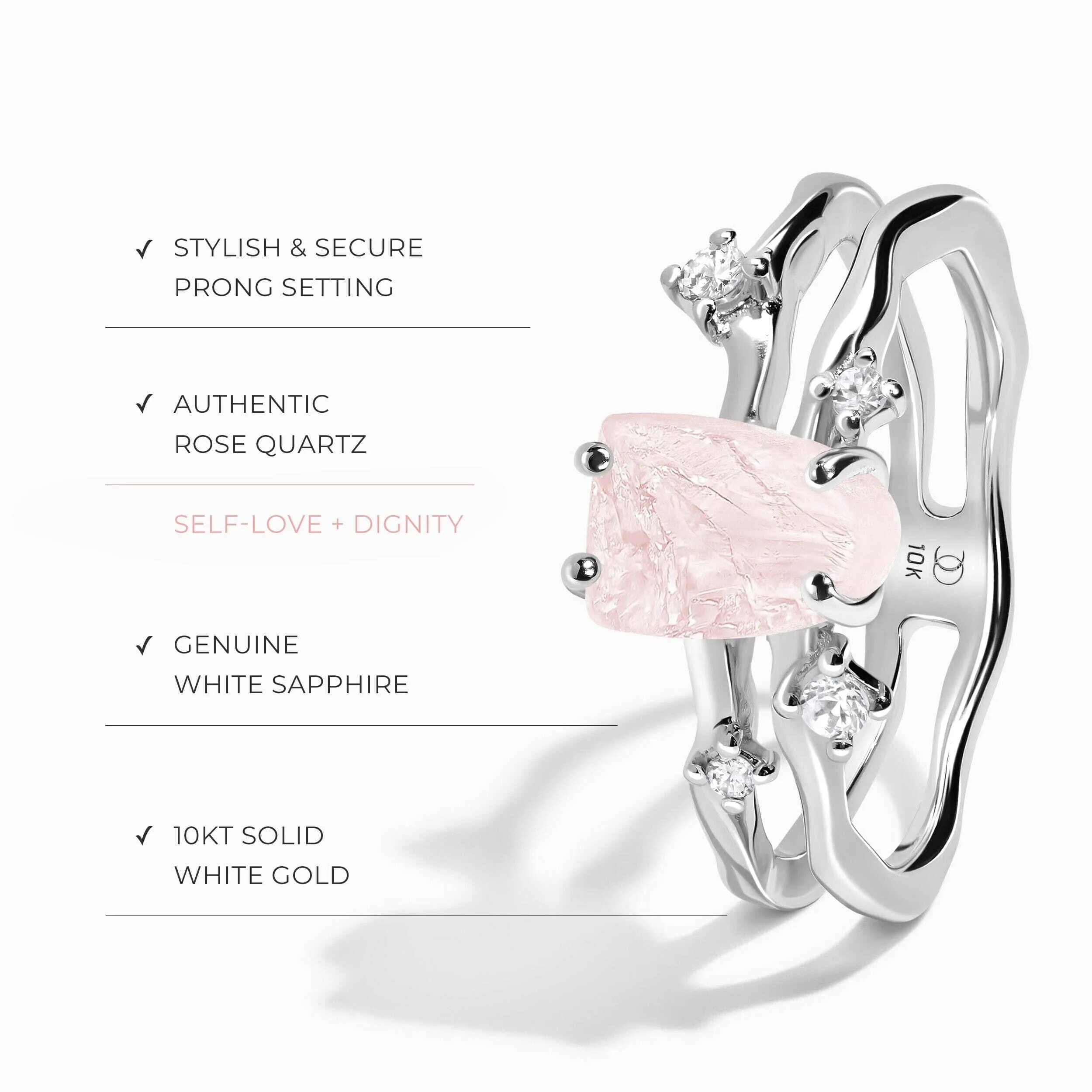 Raw Crystal Solid Gold Ring - Flow Rose Quartz