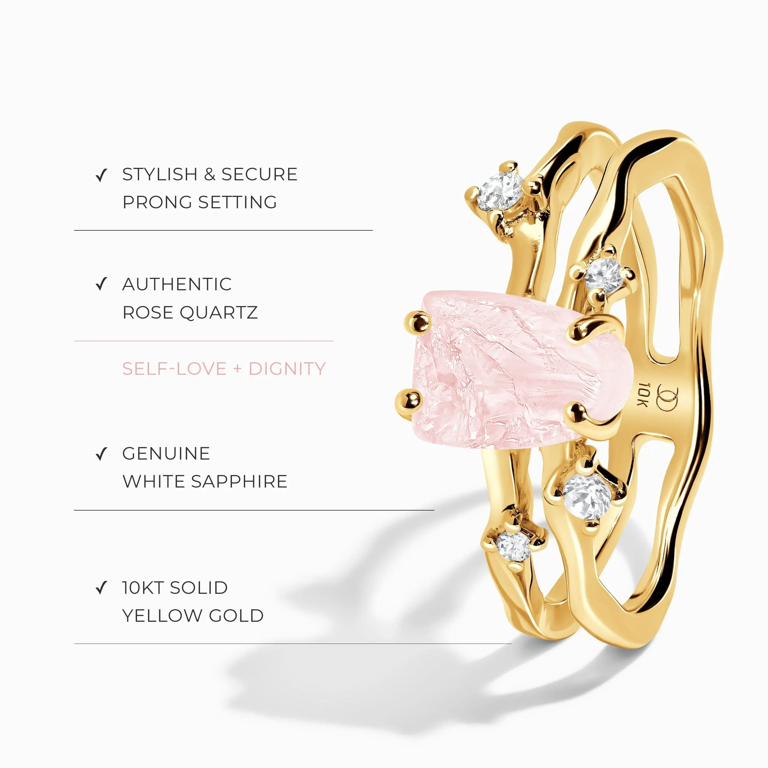 Raw Crystal Solid Gold Ring - Flow Rose Quartz