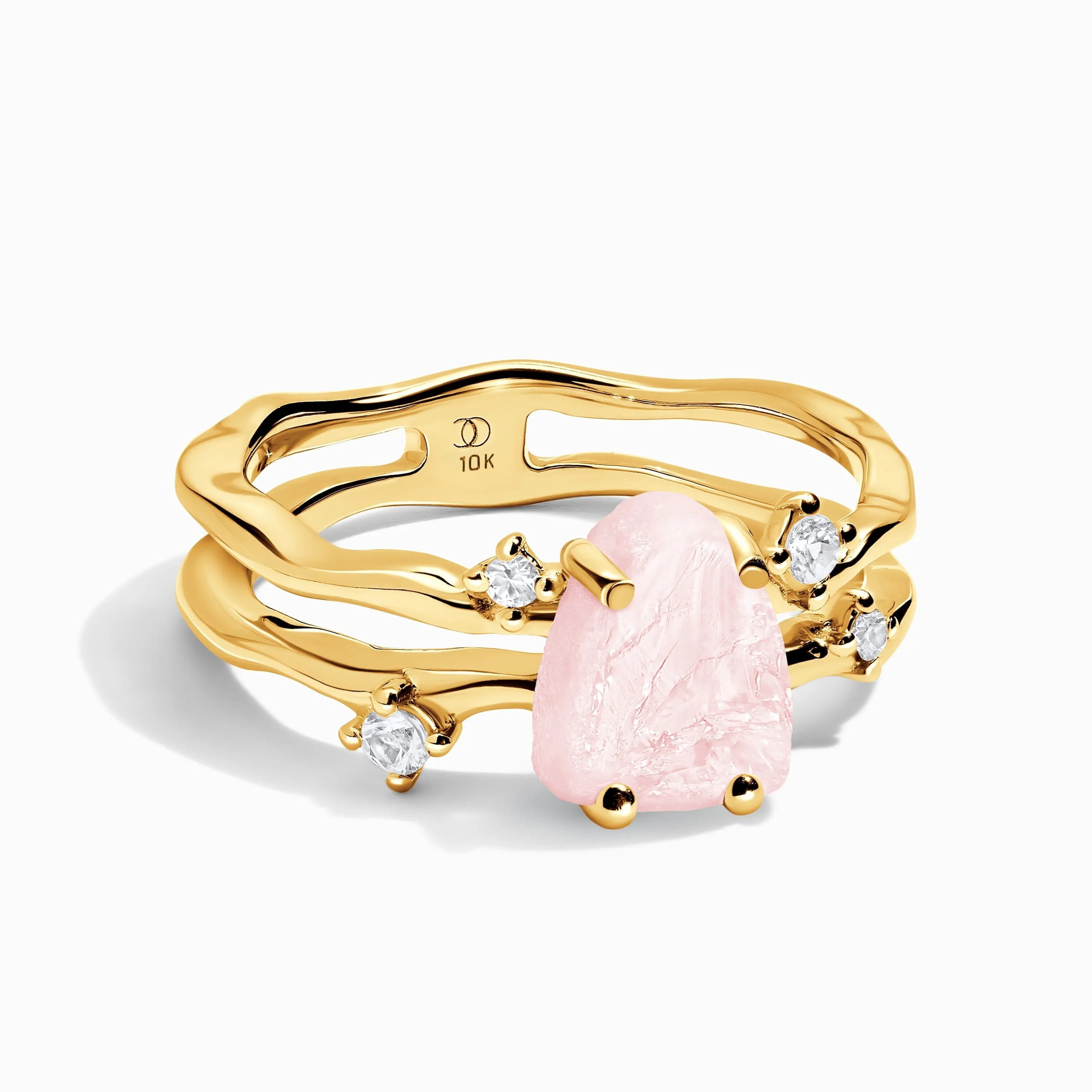 Raw Crystal Solid Gold Ring - Flow Rose Quartz