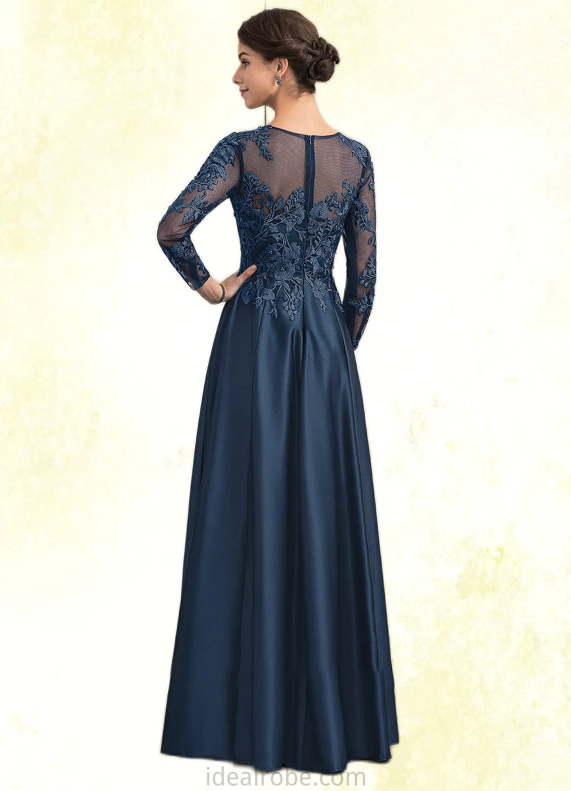 Riley A-Line Scoop Neck Floor-Length Satin Lace Mother of the Bride Dress With Beading STK126P0014858