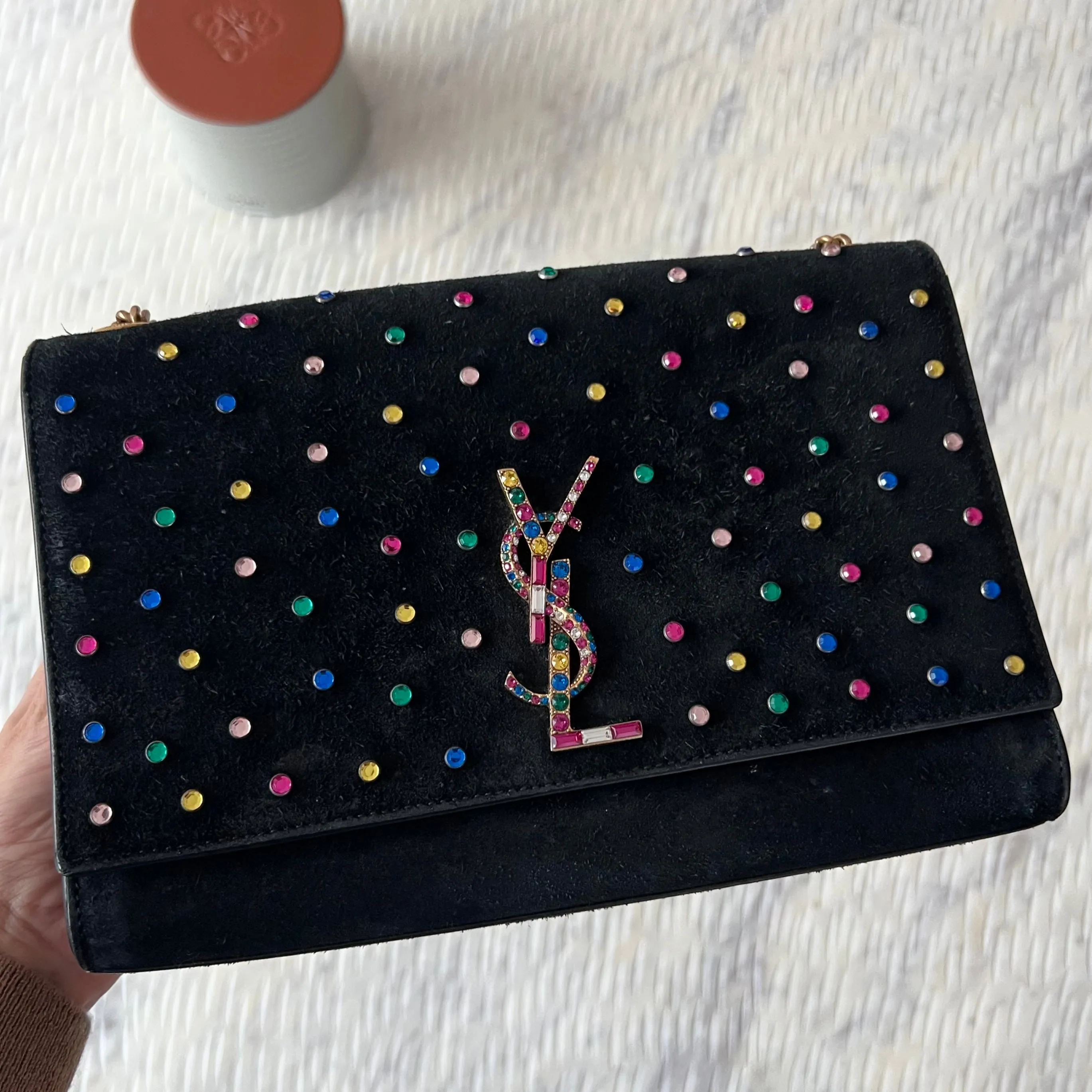 SAINT LAURENT CRYSTAL EMBELLISHED KATE CHAIN BAG