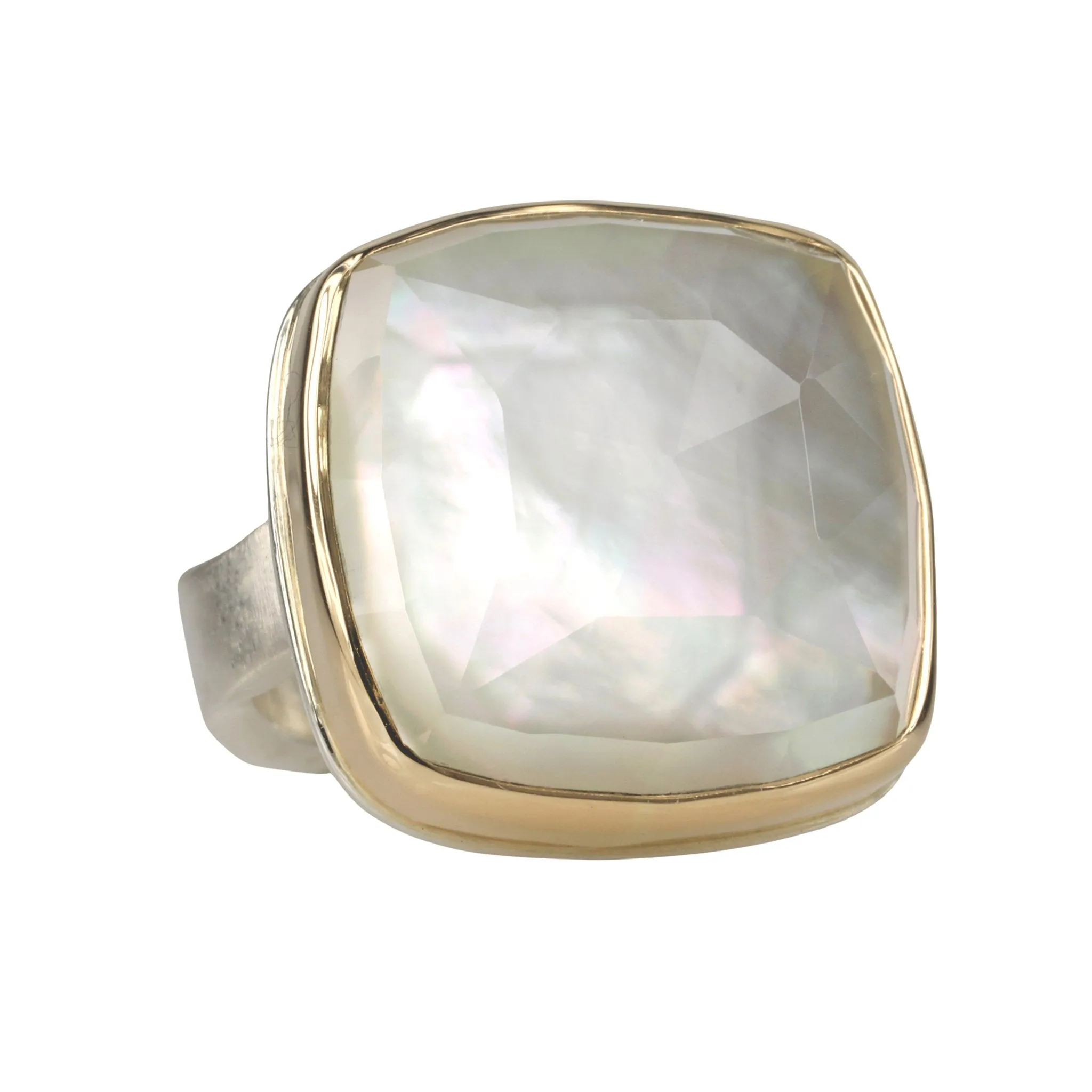 Square Rose Cut Rock Crystal Over Mother of Pearl Ring