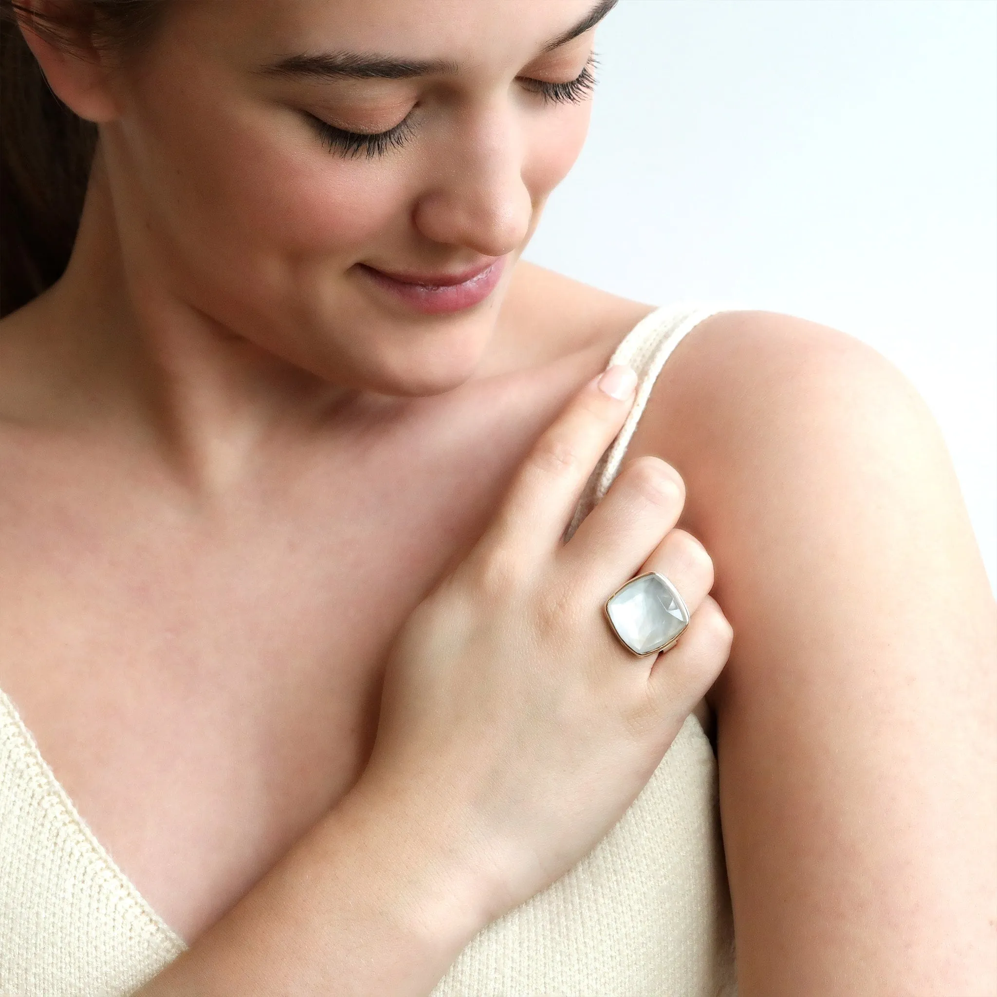 Square Rose Cut Rock Crystal Over Mother of Pearl Ring