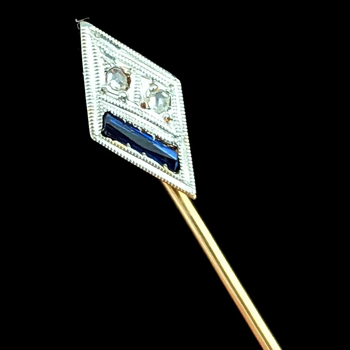 The Orlando - Art Deco Era Diamond Sapphire 18k Gold Platinum Top Stick Pin