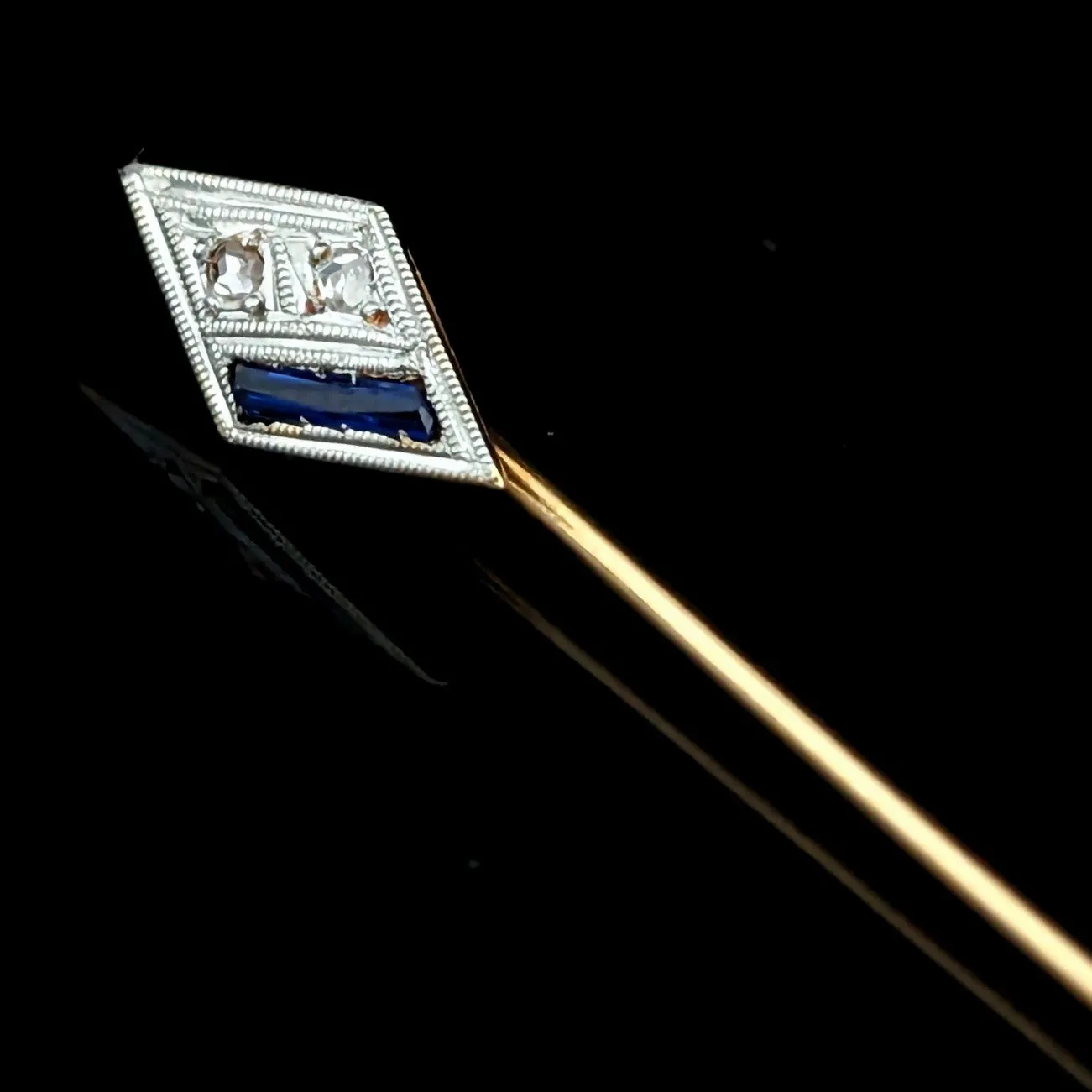 The Orlando - Art Deco Era Diamond Sapphire 18k Gold Platinum Top Stick Pin