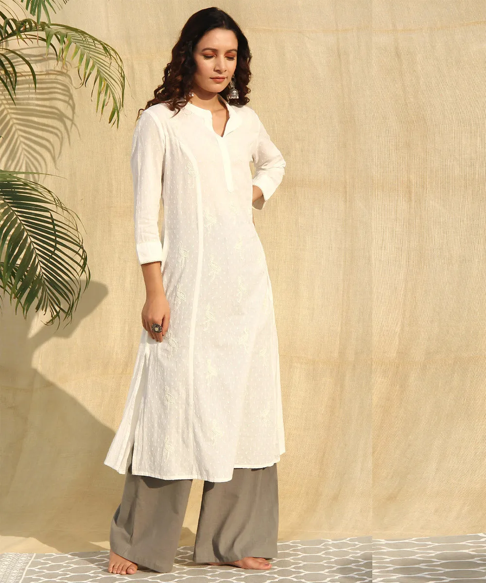 White grey handwoven a line cotton doby kurta set of 2