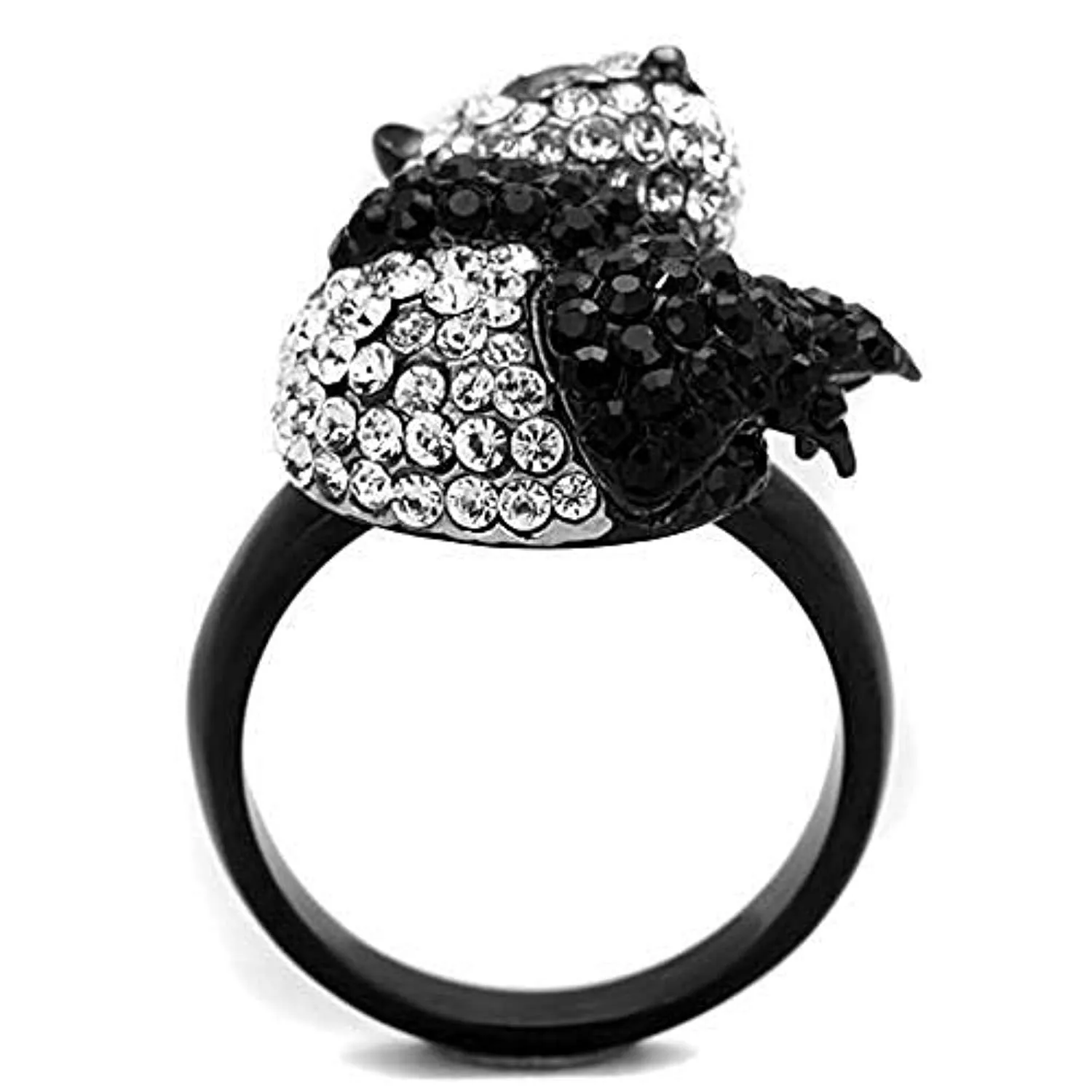 WildKlass Stainless Steel Cute Panda Ring Two-Tone IP Black Women Top Grade Crystal Black Diamond