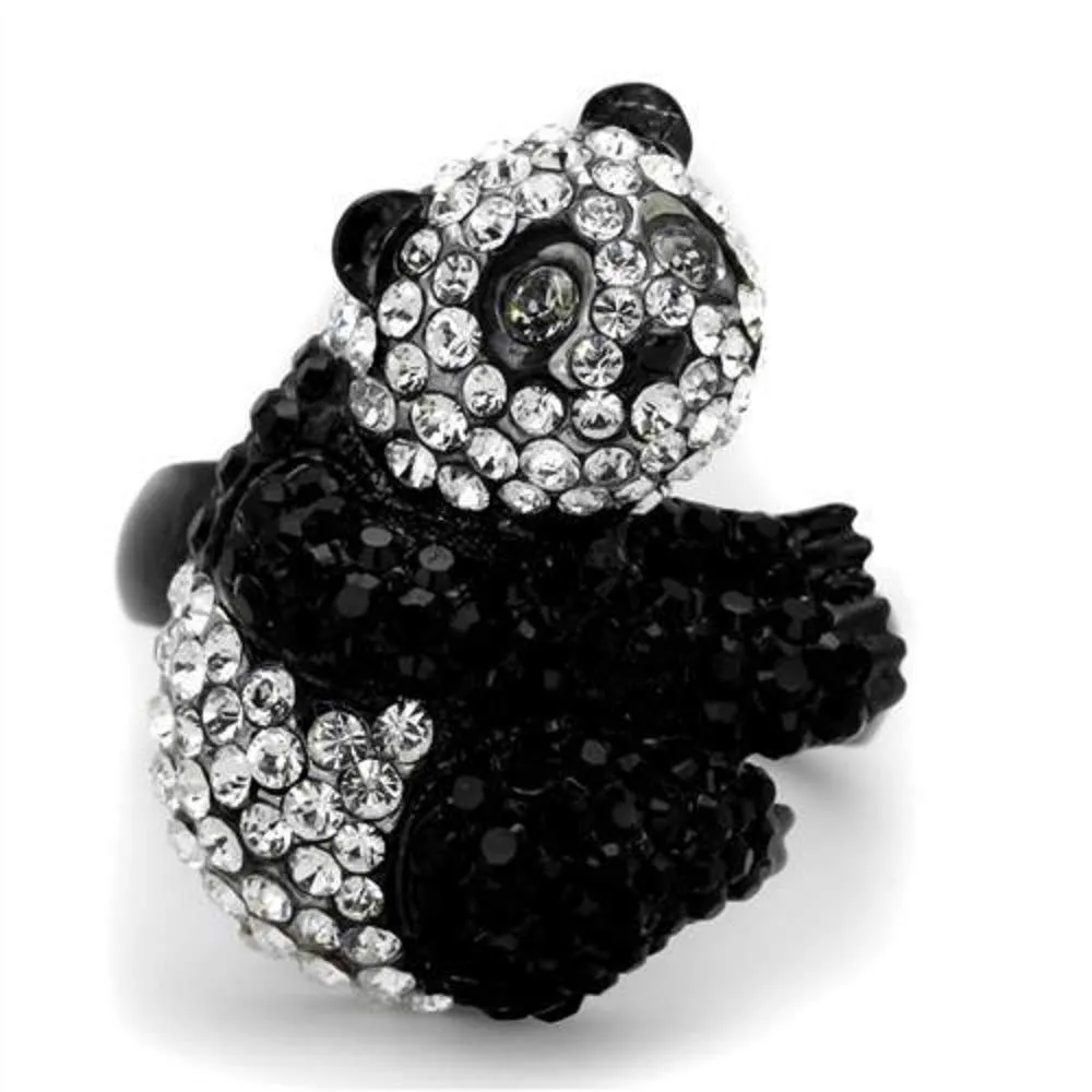 WildKlass Stainless Steel Cute Panda Ring Two-Tone IP Black Women Top Grade Crystal Black Diamond