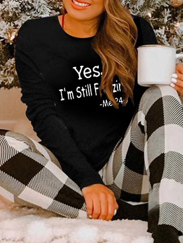 Women's Casual Black and White Letter Print Long Sleeve T-shirt for Fall and Winter